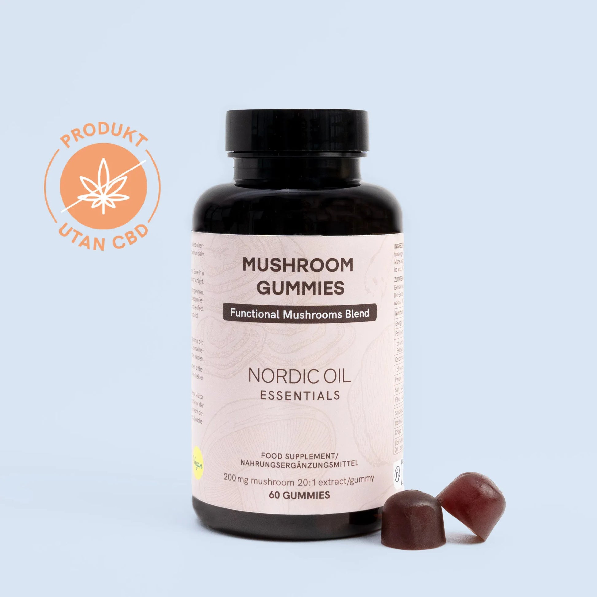 En förpackning Nordic Oil Mushroom Gummies Med ett certifikat: utan CBD